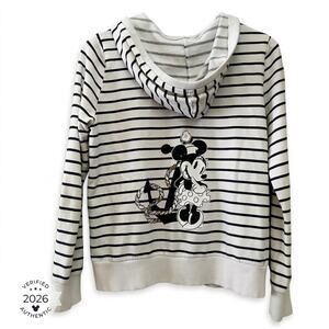 DISNEYLAND PARIS Large Minnie Mouse Nautical Striped Zip Hoodie Anchor Navy Blue